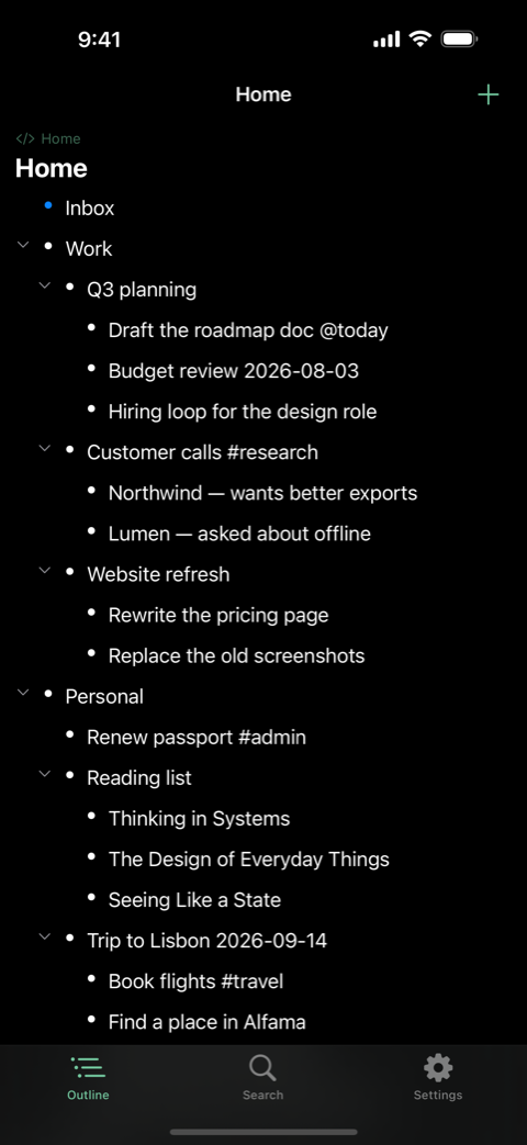 The Nest outline on iPhone: nested bullets under Work and Personal, with #tags and dates inline.