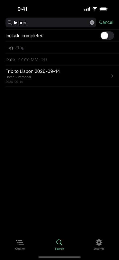 Search in Nest on iPhone, showing a matching bullet with its ancestor path underneath.